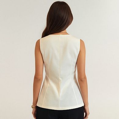 Women's Sleeveless Crew Neck Button Front Tunic Top with Shaped Waist and Clean Tailored Silhouette