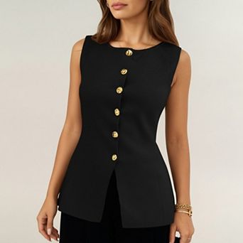 Women's Sleeveless Crew Neck Button Front Tunic Top with Shaped Waist and Clean Tailored Silhouette