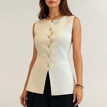 Women's Sleeveless Crew Neck Button Front Tunic Top with Shaped Waist and Clean Tailored Silhouette