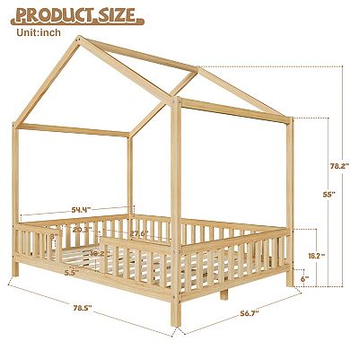 GOODSILO House Shaped Kids Floor Bed with Safety Railings and Decorative Canopy