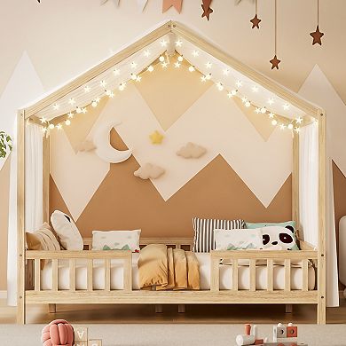 GOODSILO House Shaped Kids Floor Bed with Safety Railings and Decorative Canopy