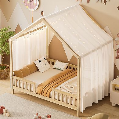 GOODSILO House Shaped Kids Floor Bed with Safety Railings and Decorative Canopy