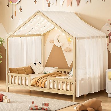 GOODSILO House Shaped Kids Floor Bed with Safety Railings and Decorative Canopy