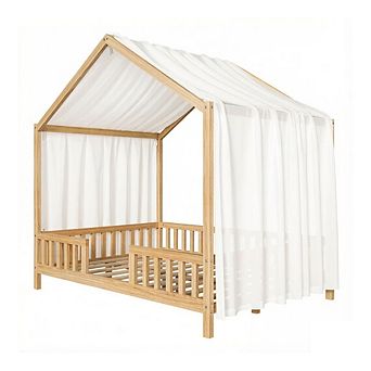 GOODSILO House Shaped Kids Floor Bed with Safety Railings and Decorative Canopy