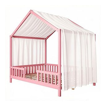 GOODSILO House Shaped Kids Floor Bed with Safety Railings and Decorative Canopy