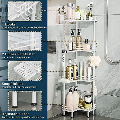 4-Tier Stainless Steel Corner Shower Rack with Hooks and Soap Holder
