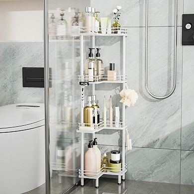 4-Tier Stainless Steel Corner Shower Rack with Hooks and Soap Holder