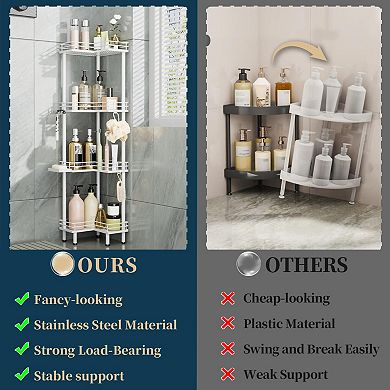 4-Tier Stainless Steel Corner Shower Rack with Hooks and Soap Holder