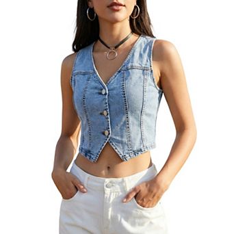 Denim Vest Top for Women Sleeveless V Neck Button Down Cropped Jean Waistcoat