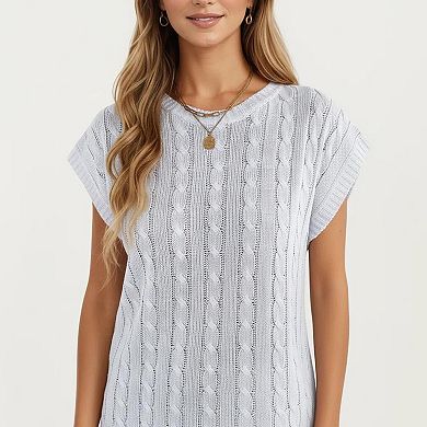 Women's Sleeveless Cable Knit Pullover Sweater Top with Ribbed Trim and Relaxed Fit
