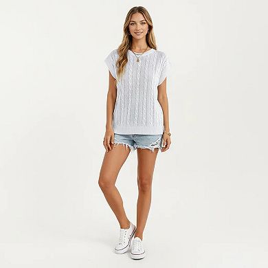 Women's Sleeveless Cable Knit Pullover Sweater Top with Ribbed Trim and Relaxed Fit