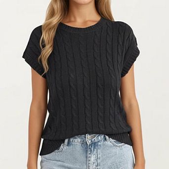 Women's Sleeveless Cable Knit Pullover Sweater Top with Ribbed Trim and Relaxed Fit