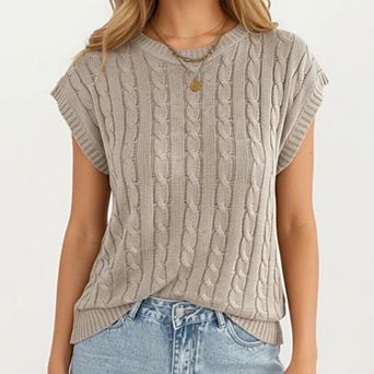 Women's Sleeveless Cable Knit Pullover Sweater Top with Ribbed Trim and Relaxed Fit