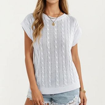 Women's Sleeveless Cable Knit Pullover Sweater Top with Ribbed Trim and Relaxed Fit