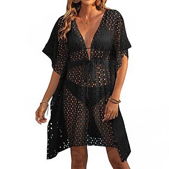 Women's Open Back Crochet Semi Sheer Cover Up with Batwing Sleeves Tie Waist