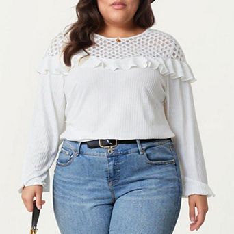 Women's Plus Size Long Sleeve Textured Blouse with Lace Yoke Panel and Soft Ruffle Detail