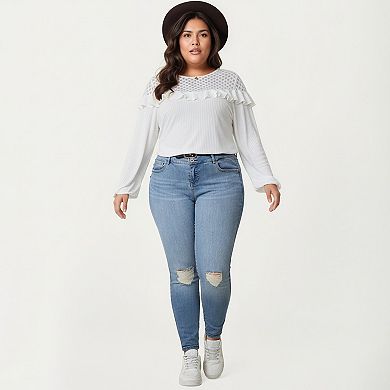 Women's Plus Size Long Sleeve Textured Blouse with Lace Yoke Panel and Soft Ruffle Detail