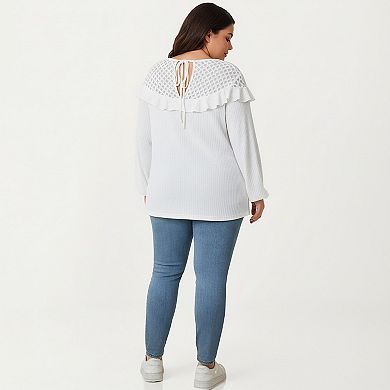 Women's Plus Size Long Sleeve Textured Blouse with Lace Yoke Panel and Soft Ruffle Detail