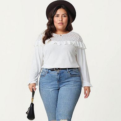 Women's Plus Size Long Sleeve Textured Blouse with Lace Yoke Panel and Soft Ruffle Detail