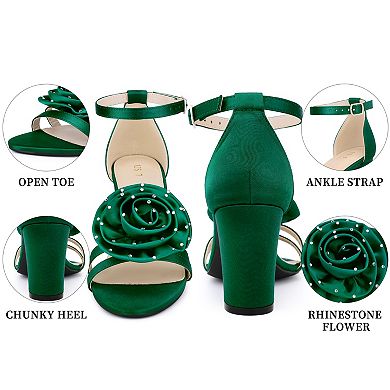 Women's Flower Satin Heels Ankle Strap Chunky Heel Sandals