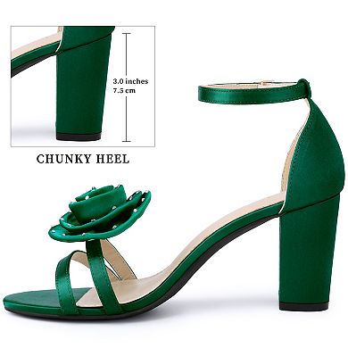 Women's Flower Satin Heels Ankle Strap Chunky Heel Sandals