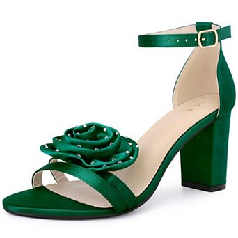 Women's Flower Satin Heels Ankle Strap Chunky Heel Sandals