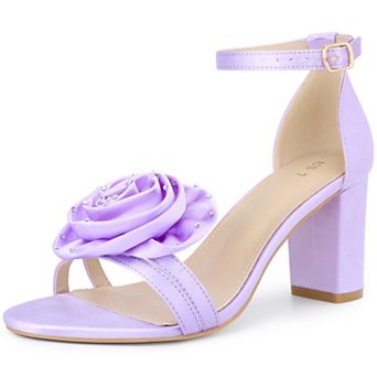 Women's Flower Satin Heels Ankle Strap Chunky Heel Sandals