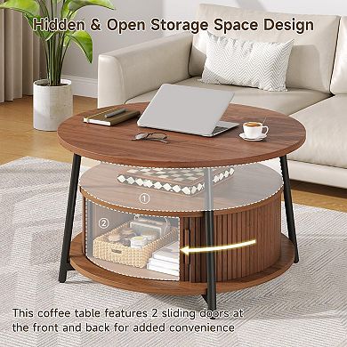 31.5" Round Mid-Century Modern Coffee Table with Storage
