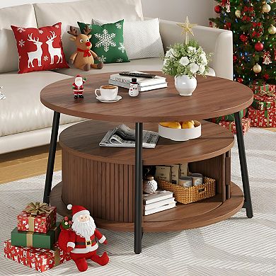 31.5" Round Mid-Century Modern Coffee Table with Storage