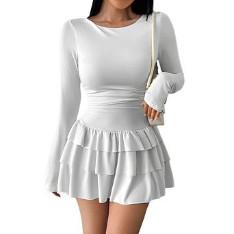 Womens Casual Y2k Mini Dress Crew Neck Long Sleeve Ruch Waist Layered Ruffle Skirt Bodycon for Party