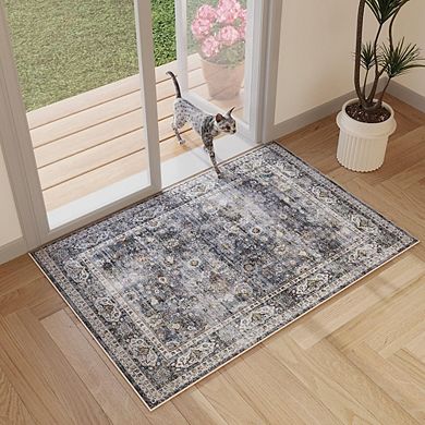 2x3 Washable Boho Rug, Soft Non-Slip Small Area Rug for Entryway, Kitchen, or Powder Room (Grey)