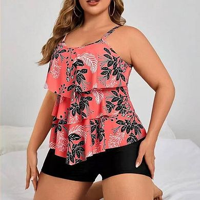 Women's Plus Size Ruffle Hem Two-Piece Swimsuit Flowy Tankini Top with Matching Swim Shorts