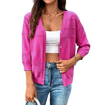 Womens Lightweight Cropped Cardigan 3/4 Sleeve Button up Thin Bolero Crochet Knit Shrug Sweater