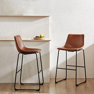 26" Counter Height Bar Stools Set of 2, Modern Faux Leather, Rustic Design, Easy Assembly