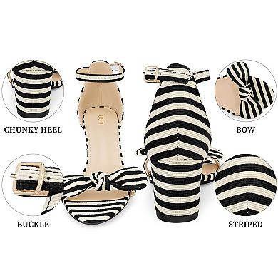Women's Stripe Bow Ankle Strap Chunky Heel Sandals