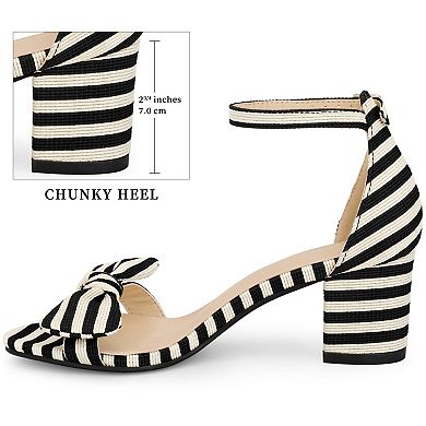 Women's Stripe Bow Ankle Strap Chunky Heel Sandals