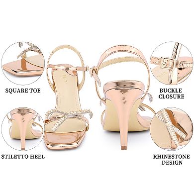 Women's Rhinestone Strap Square Toe Stiletto Heel Sandals