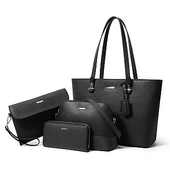 4 pc Synthetic Leather Handbag Set: Tote, Crossbody, Shoulder