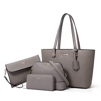 4 pc Synthetic Leather Handbag Set: Tote, Crossbody, Shoulder