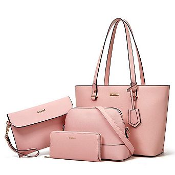 4 pc Synthetic Leather Handbag Set: Tote, Crossbody, Shoulder