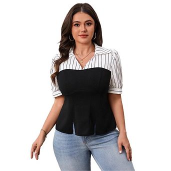 Plus Size Women's Striped Puff Sleeve Blouse Color Block Peplum Shirt Collared Top