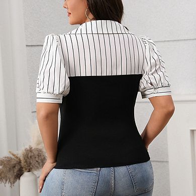 Plus Size Women's Striped Puff Sleeve Blouse Color Block Peplum Shirt Collared Top