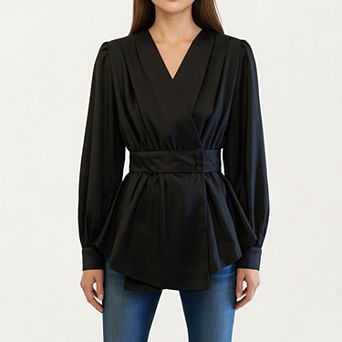 Women's Long Sleeve Wrap Blouse with V Neck Waist Belt Detail and Flowy Draped Silhouette