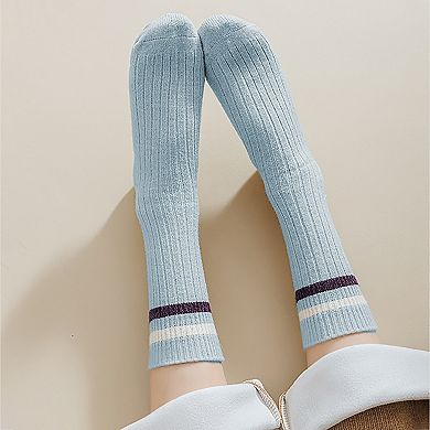 Women's 6pk Ribbed Slouch Socks with Striped Cuff - Warm & Stylish Mid-Calf Socks