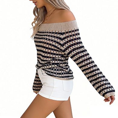 Women's Off Shoulder Striped Knit Sweater Long Sleeve Cutout Casual Pullover Top