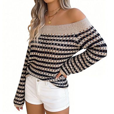 Women's Off Shoulder Striped Knit Sweater Long Sleeve Cutout Casual Pullover Top