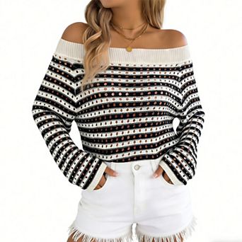 Women's Off Shoulder Striped Knit Sweater Long Sleeve Cutout Casual Pullover Top