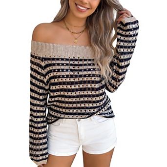 Women's Off Shoulder Striped Knit Sweater Long Sleeve Cutout Casual Pullover Top