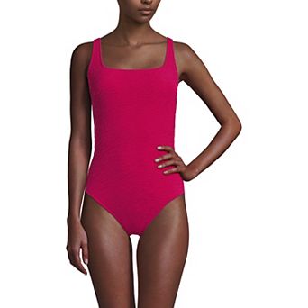 Women's Lands' End Boucle Square Neck Scoop Back Tummy Slimmer One-Piece Swimsuit