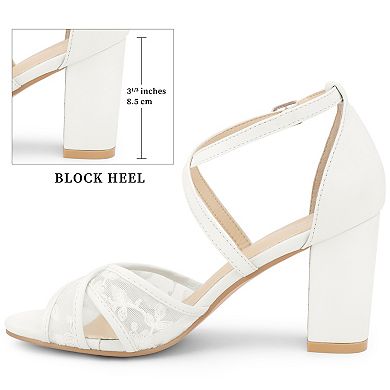Women's Lace Sandal Cross Strap Heel Open Toe Block High Heels Sandals